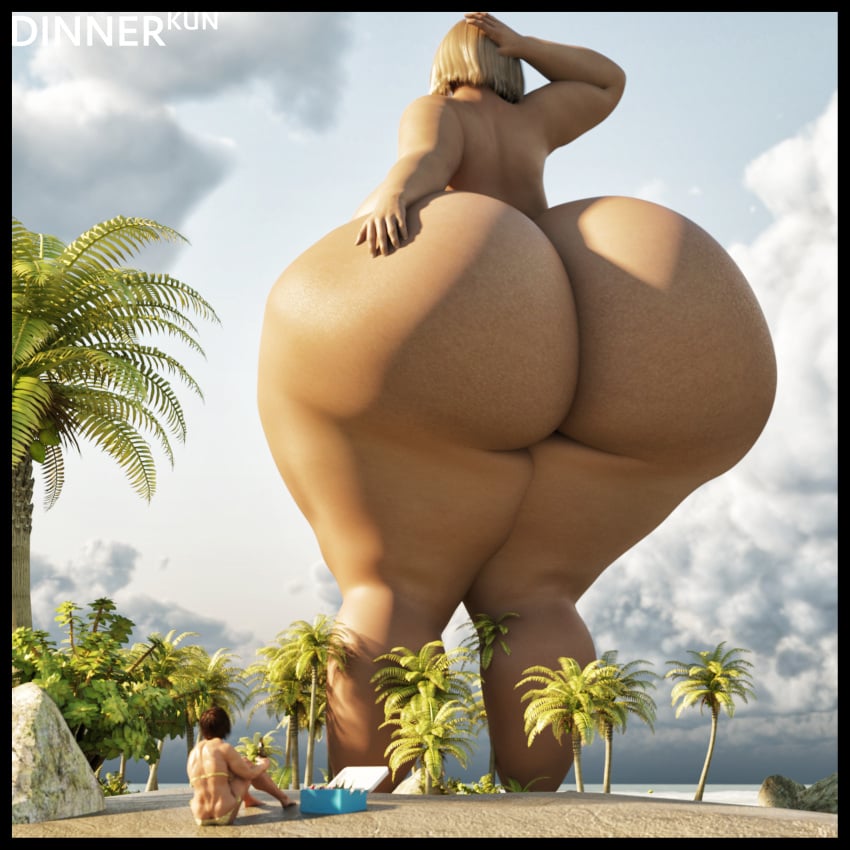 2girls 3d ass beach big_ass blonde_female blonde_hair brown_hair dinner-kun female giantess gigantic_ass hand_on_ass hand_on_head huge_ass human human_only hyper hyper_ass medium_hair nude nude_female outdoors palm_tree selina_petoit thick_ass thick_thighs tree watermark