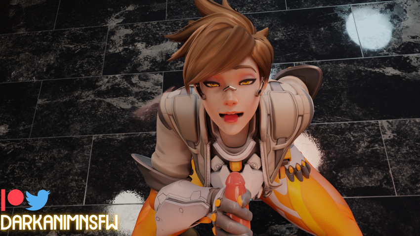 1boy 1girls 3d brown_hair clothed clothed_female_nude_male darkanimatorsfm_(artist) female female_focus handjob male oral oral_sex overwatch overwatch_2 penis straight tongue tongue_out tracer white white_penis yellow_eyes