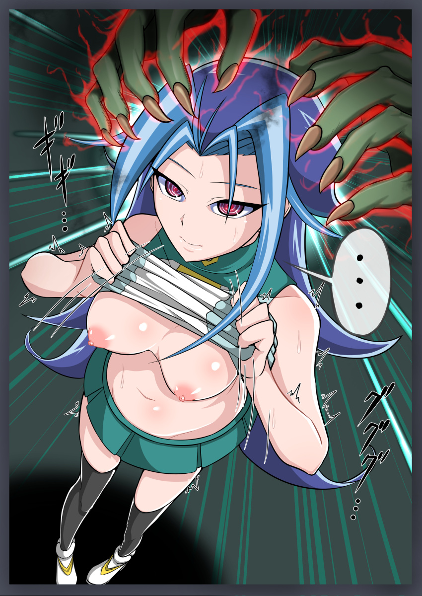 1girls black_socks blue_hair brainwashing breasts female kamishiro_rio oekakukomi red_eyes rio_kamishiro skirt socks text thigh_socks thighhighs uncensored underwear yu-gi-oh! yu-gi-oh!_zexal