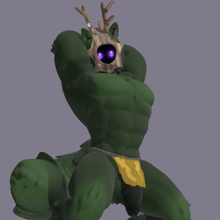 3d 3d_(artwork) anthro antlers anxiousanxiety arms_behind_head balls big_muscles flexing fluffy fluffy_tail furry furry_ears gay genitals green_fur green_skin hi_res loincloth male male_only muscular penis pose posing purple_eyes rauni_(anxiousanxiety) solo tagme tail wood