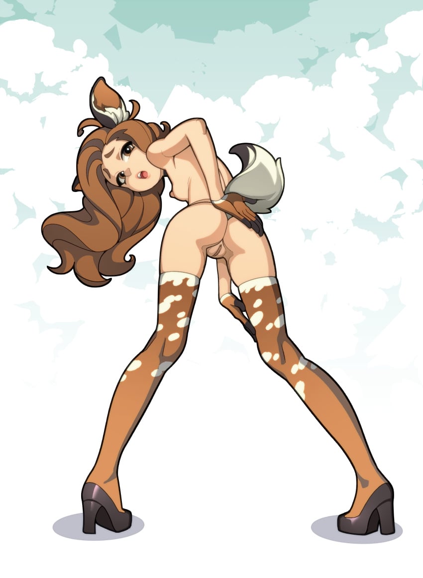 1girls animal_ears ass back breasts brown_hair choker deer deer_ears deer_girl deer_tail erotibot fawnie_(erotibot) female gloves heels high_heels legs naked naked_footwear naked_gloves naked_heels naked_stockings naked_thighhighs nude petite posing pussy slender_legs small_breasts solo stockings tail tail_lift thighhighs thighs turning_around