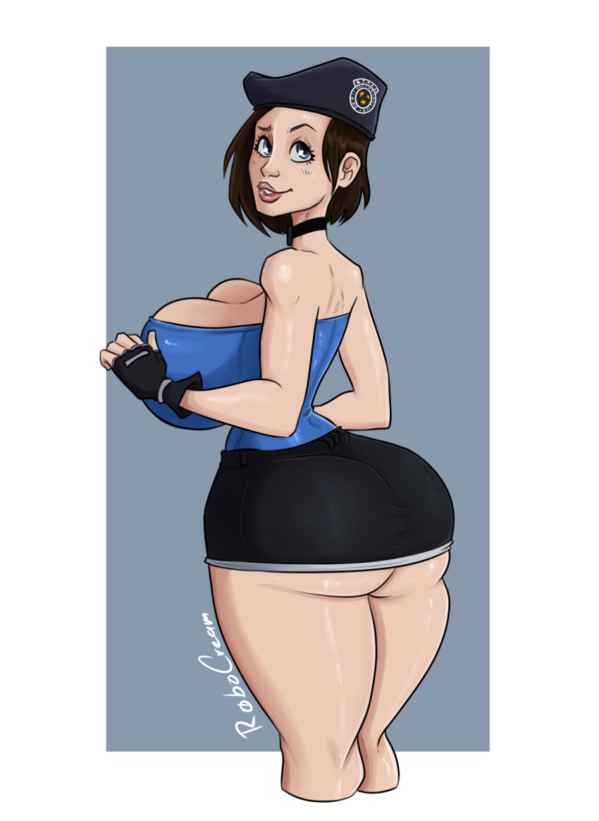 1girls ass ass_focus big_ass big_breasts big_butt blue_eyes breasts brown_hair capcom clothed hips jill_valentine resident_evil resident_evil_3 robocream short_hair skirt thick_ass thick_legs thick_thighs thighs tubetop wide_hips