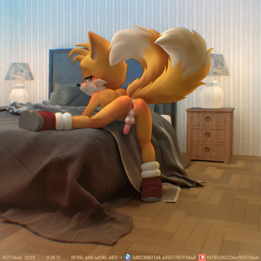 1:1 2022 2_tails anthro anus ass ass_up backsack balls bed bed_sheet bedding bedroom bedside bedside_table bent_over blanket blue_eyes blush boots boots_only butt_focus canid canine clothing countershading cute_male detailed_background digital_media_(artwork) english_text erection exposed_torso footwear footwear_only foreskin fox fuckboy fur furniture furniture_lamp furry furry_only gaping gaping_anus genitals handwear humanoid_genitalia humanoid_penis inside kotyami lamp leaning leaning_forward looking_at_viewer looking_back looking_back_at_viewer lying male male_only mammal mostly_nude multi_tail narrowed_eyes nude on_bed on_hands_and_knees penis perineum pillow pink_anus pink_penis presenting presenting_anus presenting_balls presenting_hindquarters presenting_penis raised_leg raised_tail rear_view sega smile smiling_at_viewer smirk solo sonic_(series) sonic_the_hedgehog_(film) sonic_the_hedgehog_(series) spread_anus spread_butt spread_legs spreading tail tails text url video_games wall_(structure) white_balls yellow_body yellow_fur young