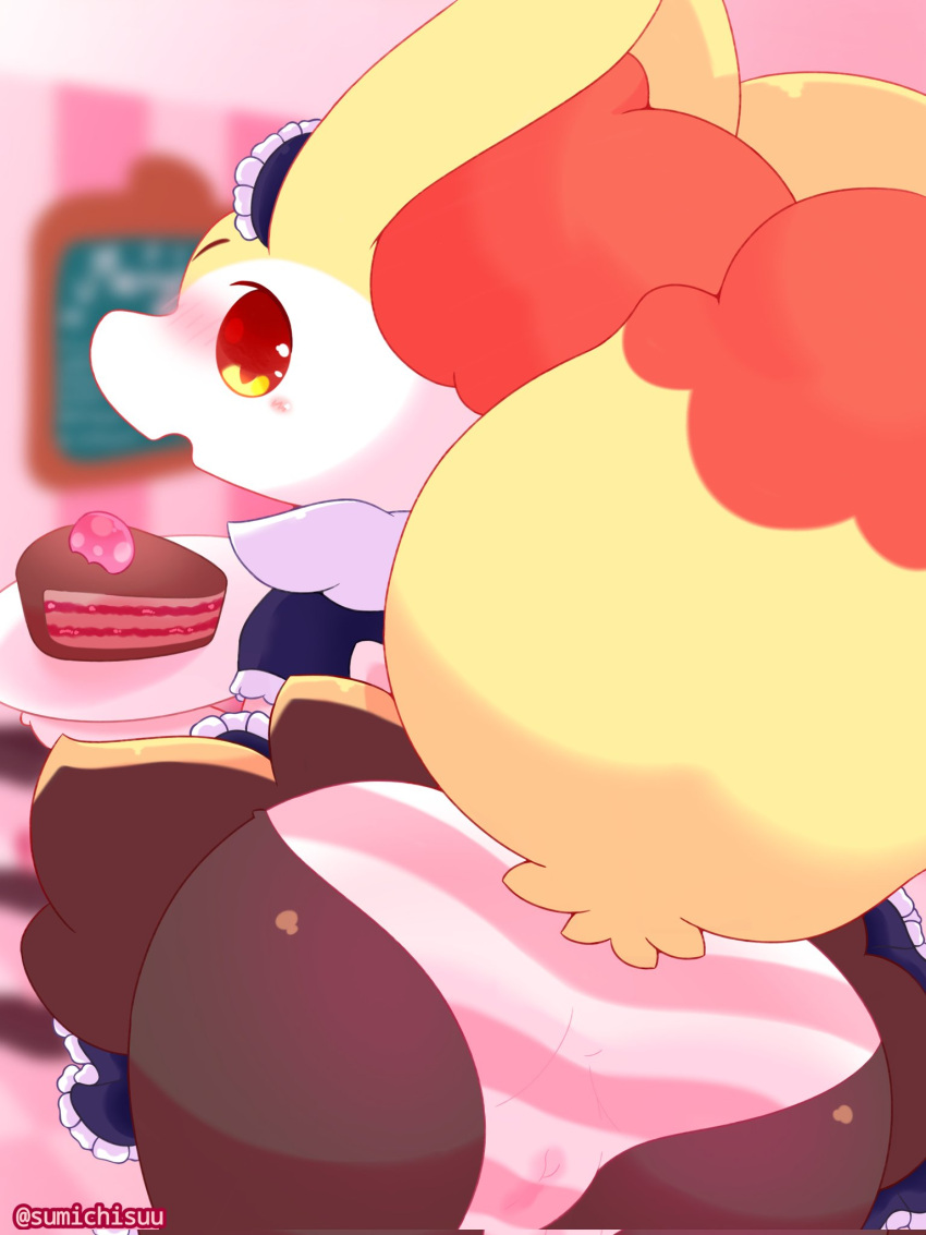 anthro blush braixen cake camel_toe clothing dessert female food generation_6_pokemon genital_outline hi_res holding_object looking_at_viewer nintendo pokémon_(species) pokemon pokemon_(species) pussy_outline raised_tail red_eyes solo sumichisuu underwear video_games yellow_body