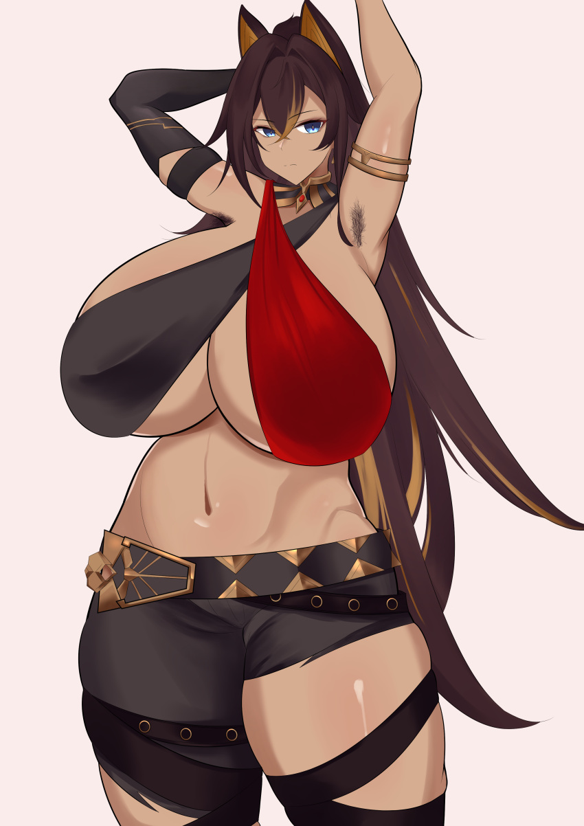 1girls armpit_hair armpits big_breasts big_thighs blue_eyes blueflamesecond breasts busty cleavage dark_skin dehya_(genshin_impact) female female_armpit_hair female_only genshin_impact gigantic_breasts huge_breasts huge_thighs large_breasts large_thighs long_hair massive_breasts massive_thighs navel solo solo_female thick_thighs thighs wide_thighs