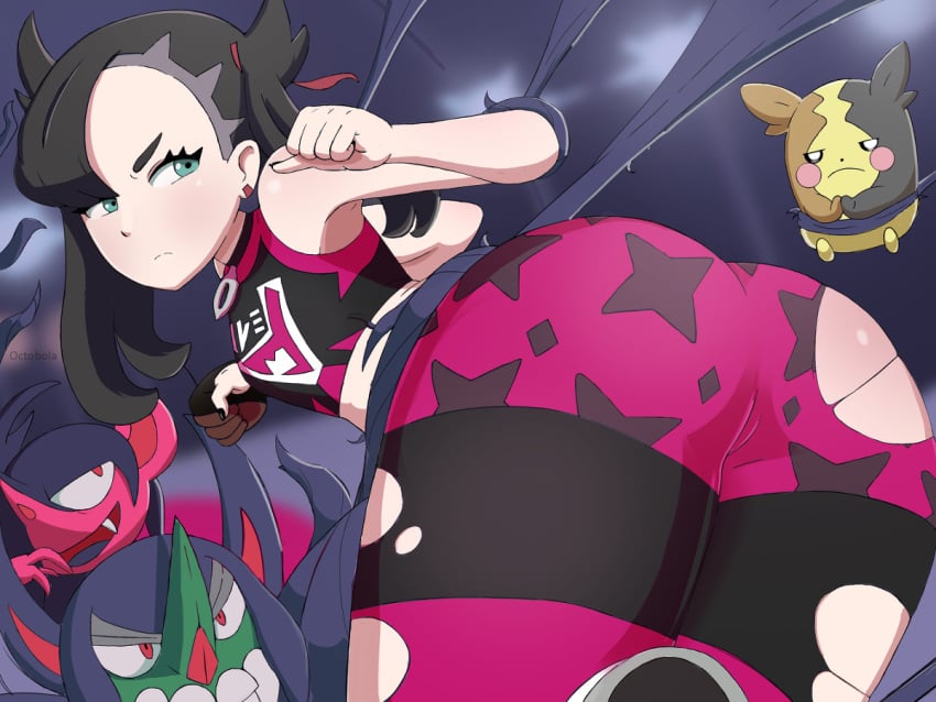 ass ass_focus big_ass black_hair blue_eyes clothing female female_focus grimmsnarl gym_leader gym_uniform human marnie_(pokemon) morgrem morpeko octobola pokémon_(species) pokemon pokemon_ss slutty_outfit tagme