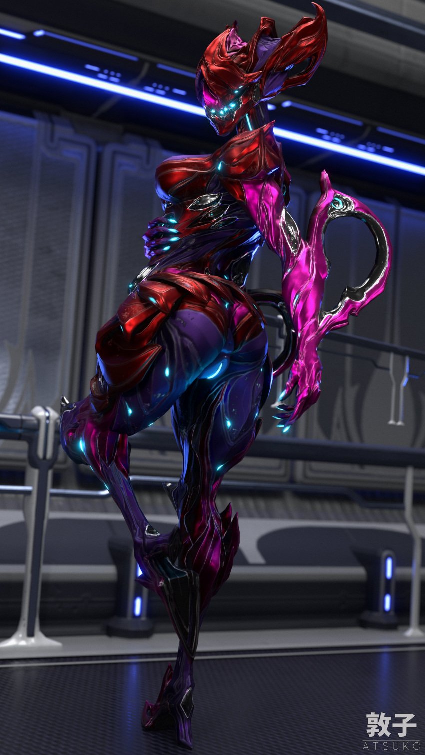 1girls 3d alien_girl alien_humanoid armor ass atsuko_(artist) bioluminescence glowing glowing_genitalia helmet octavia_(warframe) pussy robot_girl robot_humanoid solo solo_female video_games warframe