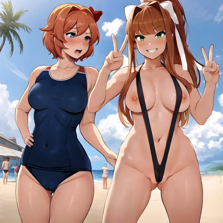 2girls ai_generated beach blue_eyes blush blushing bob_cut brown_hair cameltoe confused doki_doki_literature_club double_peace_sign exhibitionism female female_focus female_only ginger ginger_hair green_eyes hand_on_hip long_hair looking_at_another looking_at_viewer medium_breasts moni_enjoyer monika_(doki_doki_literature_club) navel nipple_slip nipples open_mouth palm_tree people_in_background ponytail red_bow sayori_(doki_doki_literature_club) short_hair sling_bikini slingshot_swimsuit smile smirk stable_diffusion swimsuit teeth white_ribbon