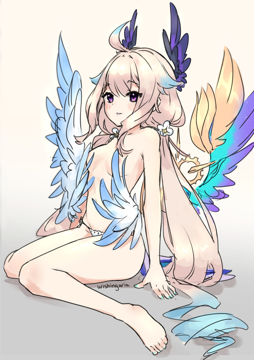 1girls ahoge angel_wings bare_shoulders bare_stomach breasts cream_hair enna_alouette flower flower_in_hair hair_wings head_wings legs mechanical_wings naked_panties nijisanji nijisanji_en no_bra panties_only purple_eyes small_breasts solo solo_female solo_focus topless twintails virtual_youtuber white_hair wings wishingaria young