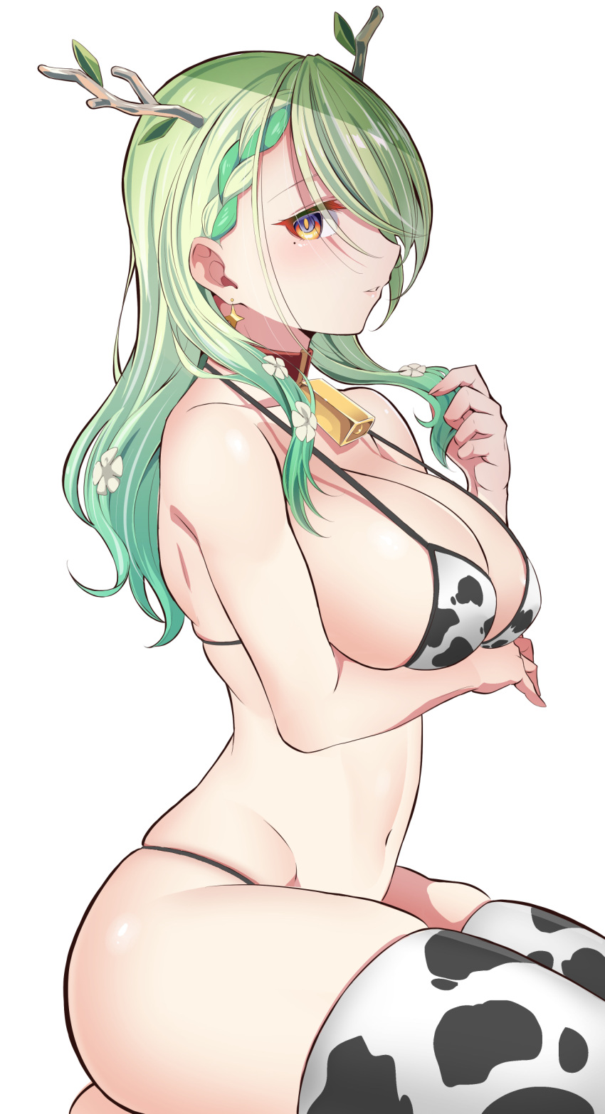 1girls 2022 alternate_version_available awakoto_(awakotoya) big_breasts bikini breasts busty ceres_fauna cleavage cow_bikini cow_print female female_only green_hair highres hololive hololive_english hololive_english_-council- hololive_english_-promise- hourglass_figure light-skinned_female light_skin sideboob simple_background solo thighs virtual_youtuber voluptuous voluptuous_female white_background wide_hips