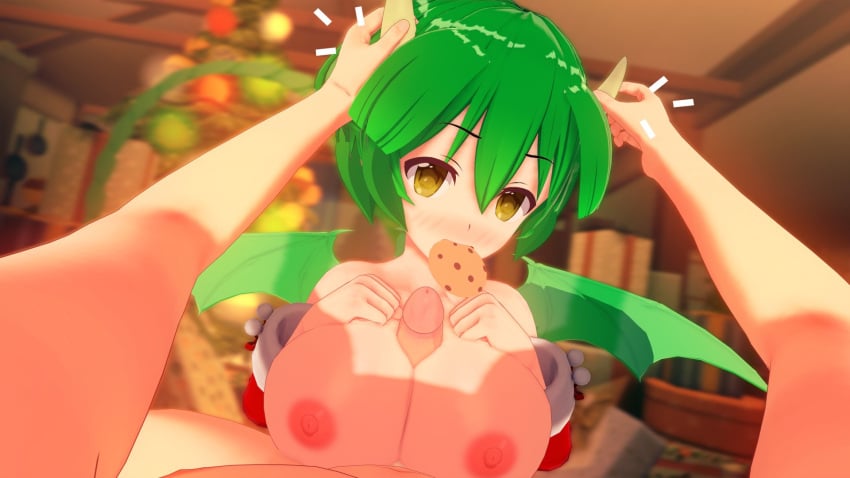 1boy 1girls big_breasts big_nipples breasts cookie draco_centauros green_hair hand_on_breast hand_on_horn horns huge_breasts large_breasts loluncc nipples paizuri penis pov puyo_puyo short_hair wings