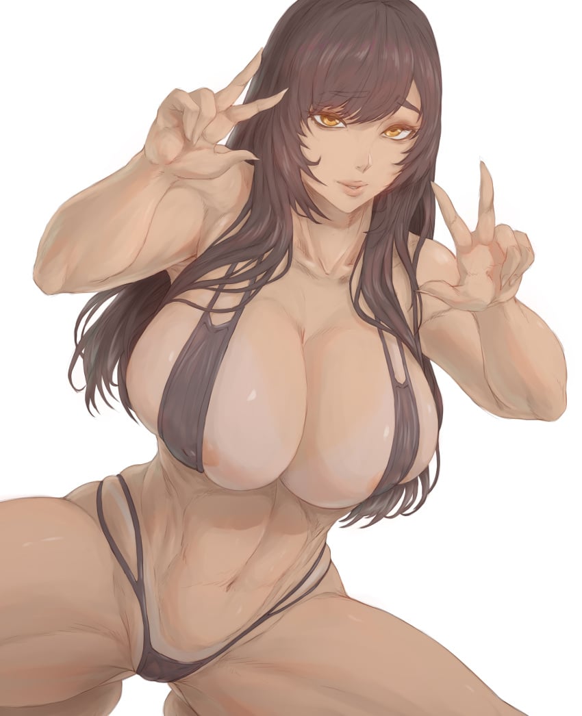 2d areola_slip barely_contained big_breasts bikini black_bikini breast_squish brown_hair bulging_breasts busty cleavage dark_hair double_v female female_only gantz hi_res huge_breasts kuromoro long_hair looking_at_viewer reika_shimohira solo squatting swimsuit tanline toned_stomach v yellow_eyes