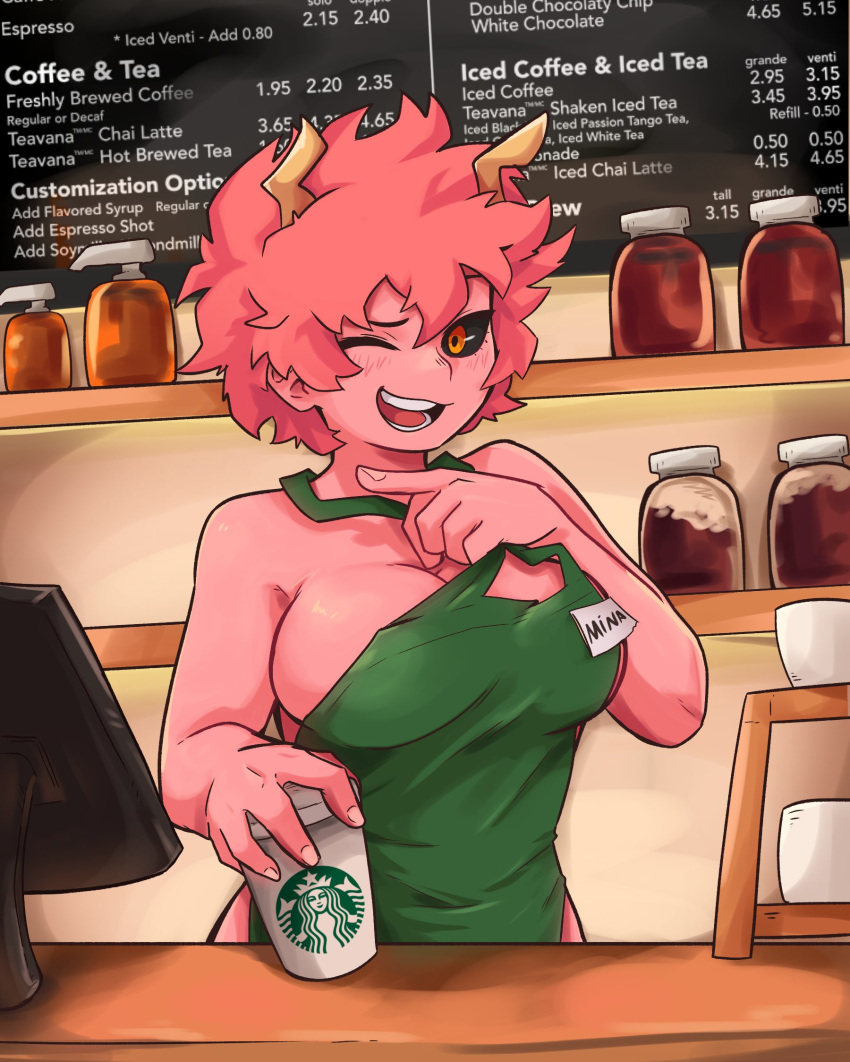 1girls barista big_breasts black_sclera blush breasts cleavage coffee_cup dashi_art detailed_background employee employee_uniform female female_only hi_res horns iced_latte_with_breast_milk looking_at_viewer meme mina_ashido mouth_open my_hero_academia naked_apron name_tag one_eye_closed pink_hair pink_skin revealing_breasts short_hair sideboob solo solo_female starbucks undressing wink