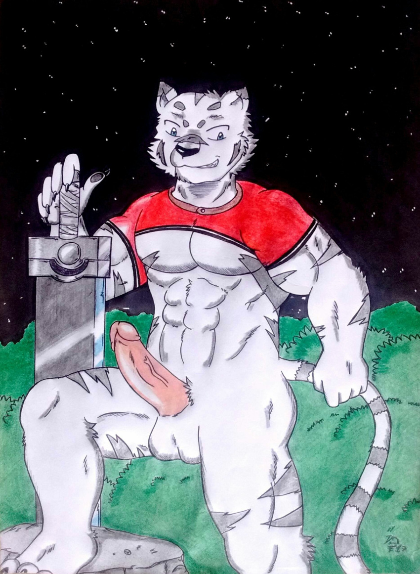 5_fingers abs absurd_res anthro balls barazoku big_muscles big_pecs blue_eyes clothing confident crop_top dashthefox detailed_background felid fingers forest fur genitals grimoire_of_zero grin handmade hi_res male male_anthro mammal manly markings melee_weapon mercenary mercenary_(character) mercenary_(zero_kara_hajimeru_mahou_no_sho) muscular night obliques pantherine pawpads pecs penis pink_penis plant proud red_clothing rock shirt sky smile solo star starry_sky striped_body striped_markings striped_tail stripes sword tail_markings tiger tiger_tail topwear traditional_media_(artwork) tree vein veiny_penis weapon white_body white_fur yohei