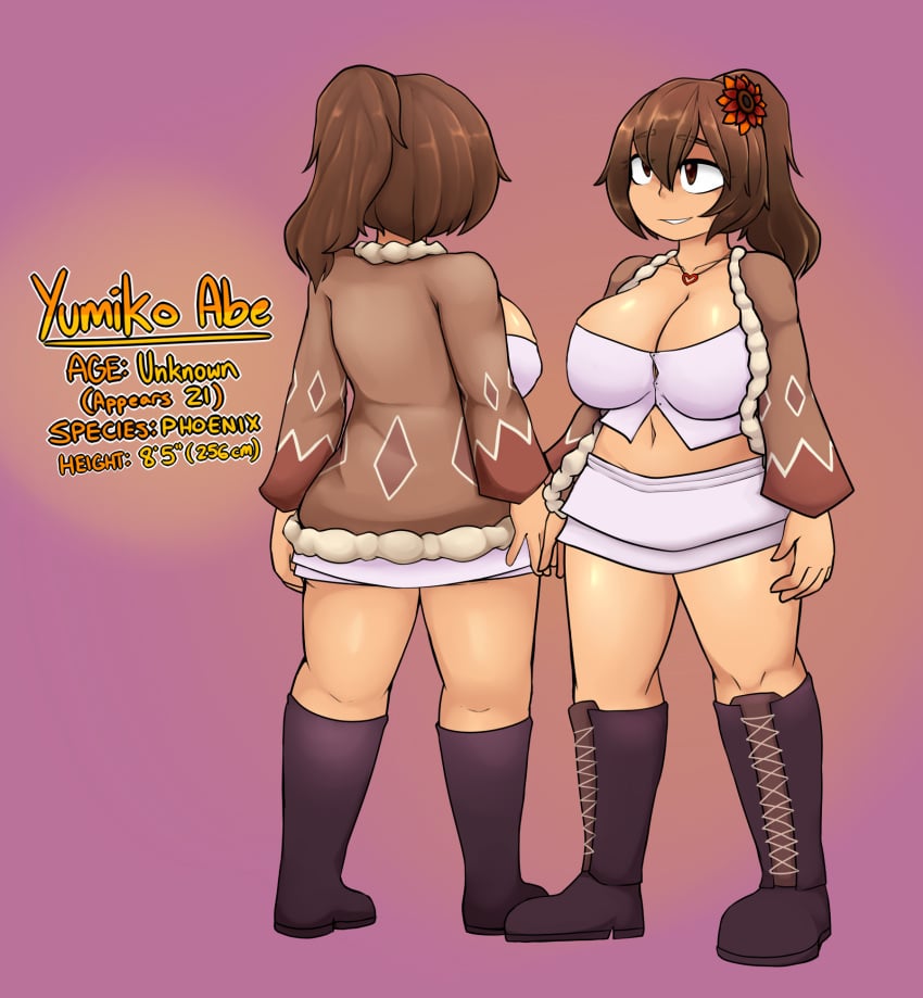 big_breasts boots brown_eyes brown_hair cleavage clothed curvy flower_in_hair fluffy_clothing miniskirt necklace phoenix ponytail smile solo_female tall_female thick_thighs thong voluptuous yumiko_oc