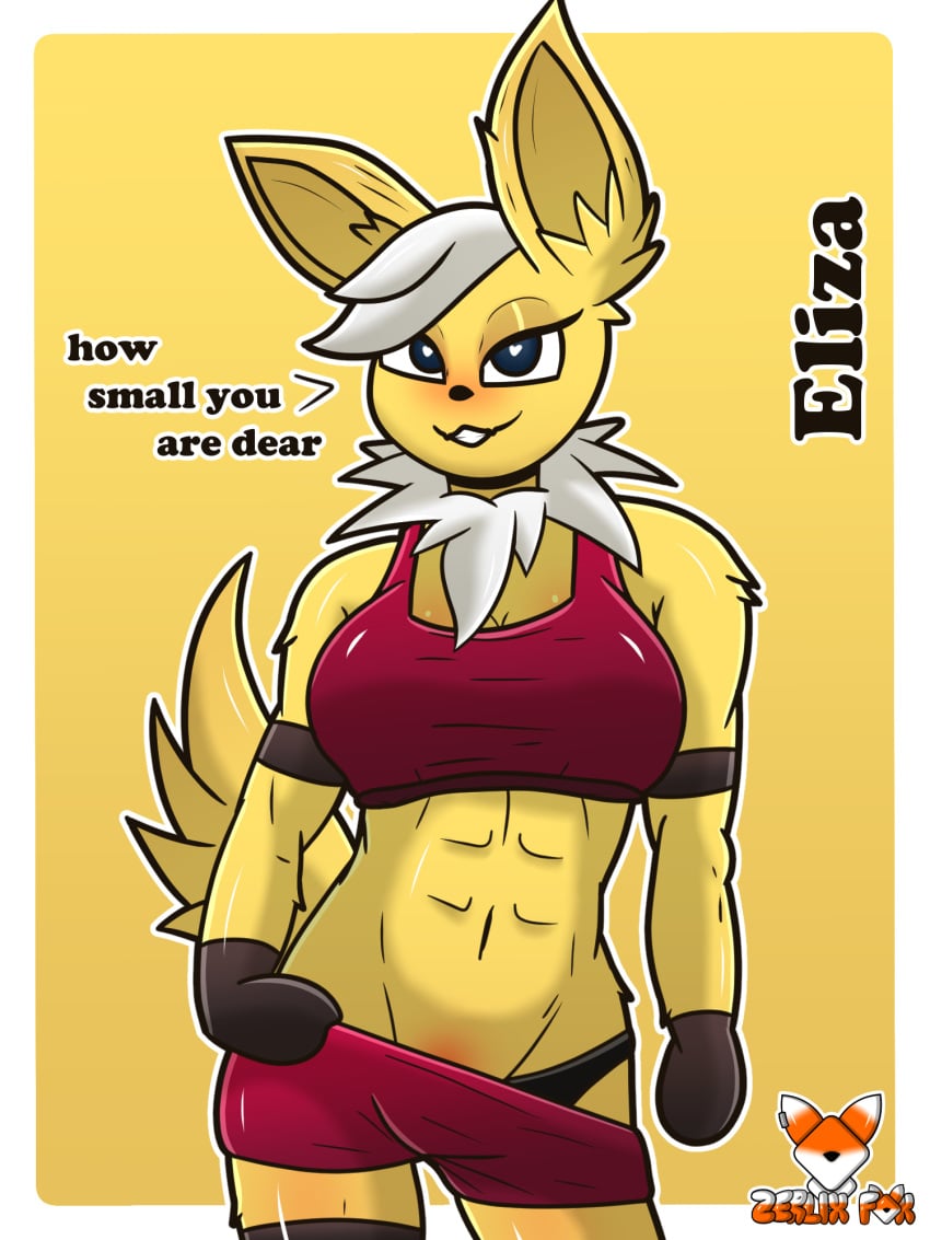 2022 3:4 anthro anthrofied breasts canid clothed clothing curvy_figure dialogue digital_media_(artwork) eeveelution eliza_(zerlix_fox) english_text eyelashes facial_tuft footwear generation_1_pokemon gynomorph heart hi_res intersex jolteon latex legwear looking_at_viewer mammal muscular nintendo pokemon pokemon_(species) pokemorph raised_clothing raised_topwear red_eyes seductive shirt signature socks solo tank_top text topwear tuft underwear video_games yellow_body zerlix_fox