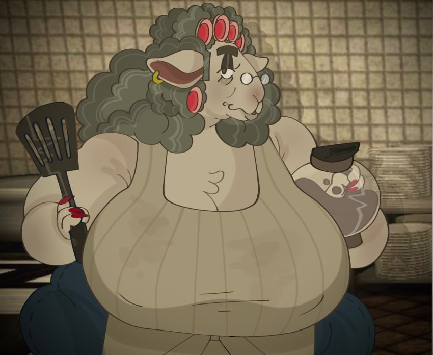 apron beware_the_shadowcatcher big_breasts coffee female gilf goat hair_accessory maude_(bts) overweight overweight_female spatula zed_technician_games