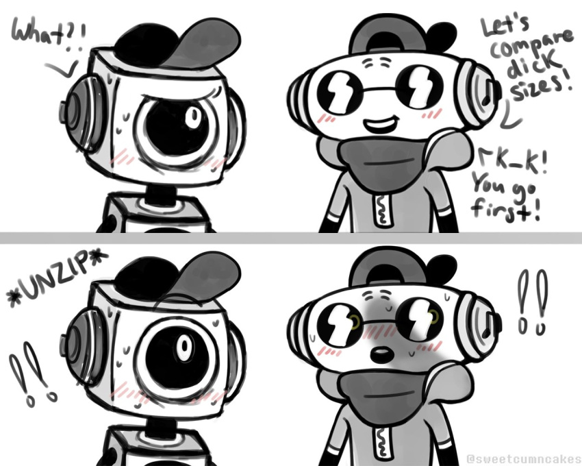 1_eye 2021 backwards_baseball_cap backwards_hat baseball_cap black_and_white blush bodily_fluids cap'n_(deltarune) clothing deltarune dialogue english_text exclamation_point eyewear hat headgear headwear humanoid machine male male_only metallic_body not_furry onomatopoeia open_mouth open_smile penis_shadow robot robot_humanoid simple_background smile sound_effects sunglasses sweat sweet_(deltarune) sweetcumncakes teeth text undertale_(series) unzipping video_games white_background