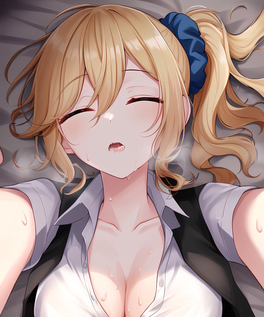 1girls ai_generated aistotle bangs bed_sheet blonde_hair blue_scrunchie blush breasts cleavage closed_eyes collarbone hair_between_eyes hair_ornament hair_scrunchie hayasaka_ai kaguya-sama_wa_kokurasetai_~tensai-tachi_no_renai_zunousen~ large_breasts lying nai_diffusion on_back open_mouth reaching_out school_uniform scrunchie shirt short_sleeves sleeping stable_diffusion sweat upper_body vest white_shirt