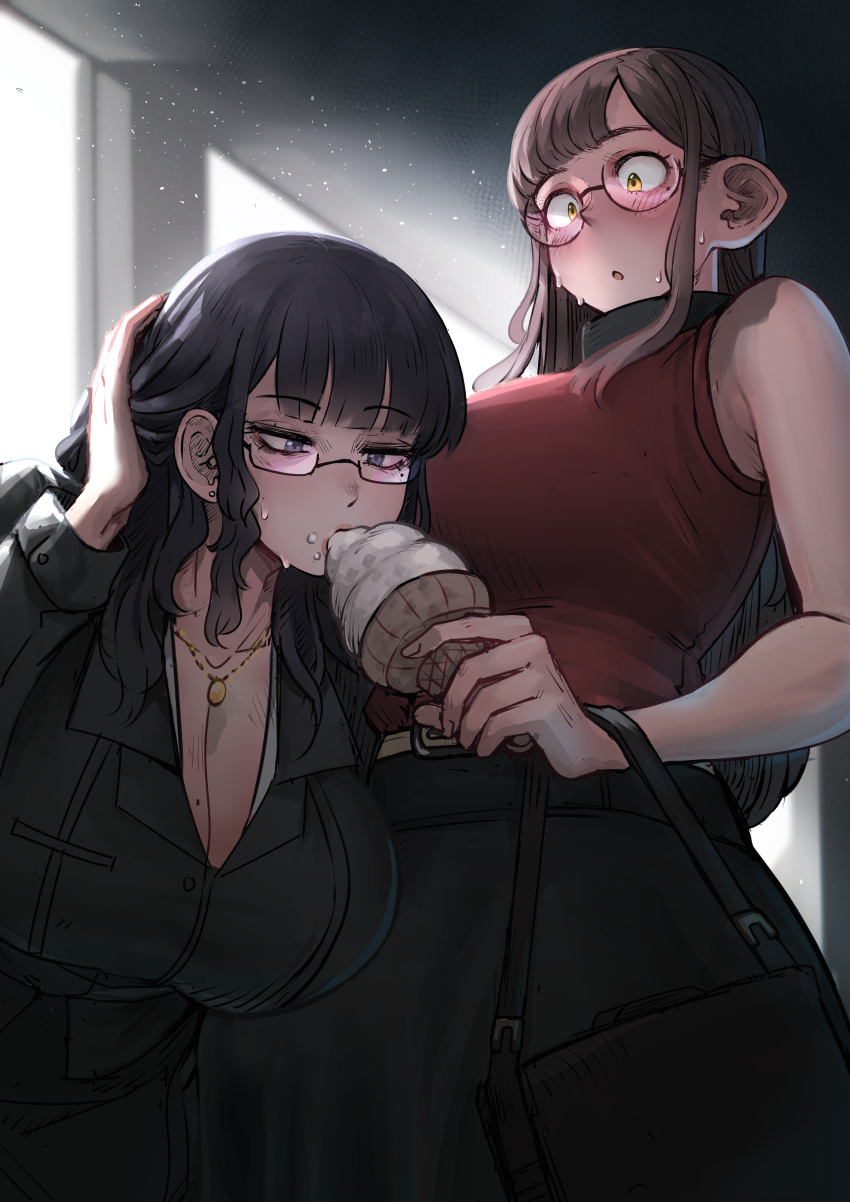 2girls bent_over big_breasts bing_chilling blush breasts bulge clothed clothing duo female female_only flustered fully_clothed futanari huge_breasts humanoid ice_cream licking_ice_cream light-skinned_female light_skin mistimagi mistimagi_(character) pointy_ears standing yuri