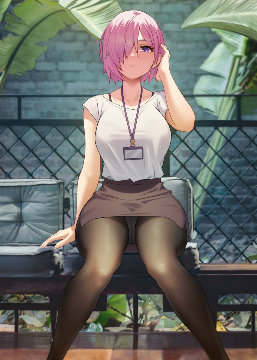 1girls blush breasts fate/grand_order fate_(series) female female_only hair_over_one_eye hi_res huge_breasts large_breasts looking_at_viewer mash_kyrielight office_lady panties pantyhose pantyshot pantyshot_(sitting) pink_hair png purple_eyes short_hair sitting skirt solar_(happymonk) solo thick_thighs thighs upskirt white_panties