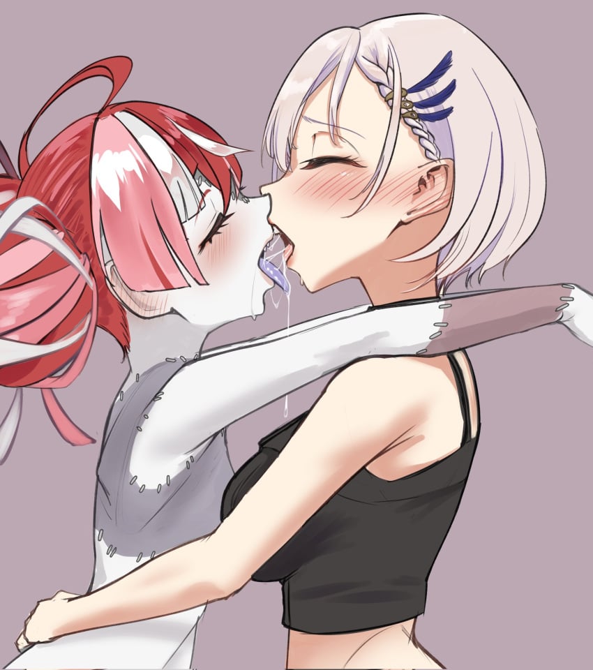 2girls aiharararara arms_over_shoulders blush closed_eyes embrace female_only french_kiss hololive hololive_indonesia hololive_indonesia_holoro kissing kureiji_ollie multiple_girls naked_female patchwork_skin pavolia_reine red_hair saliva saliva_string short_hair silver_hair stitches tongue tongue_out virtual_youtuber yuri zombie zombie_girl