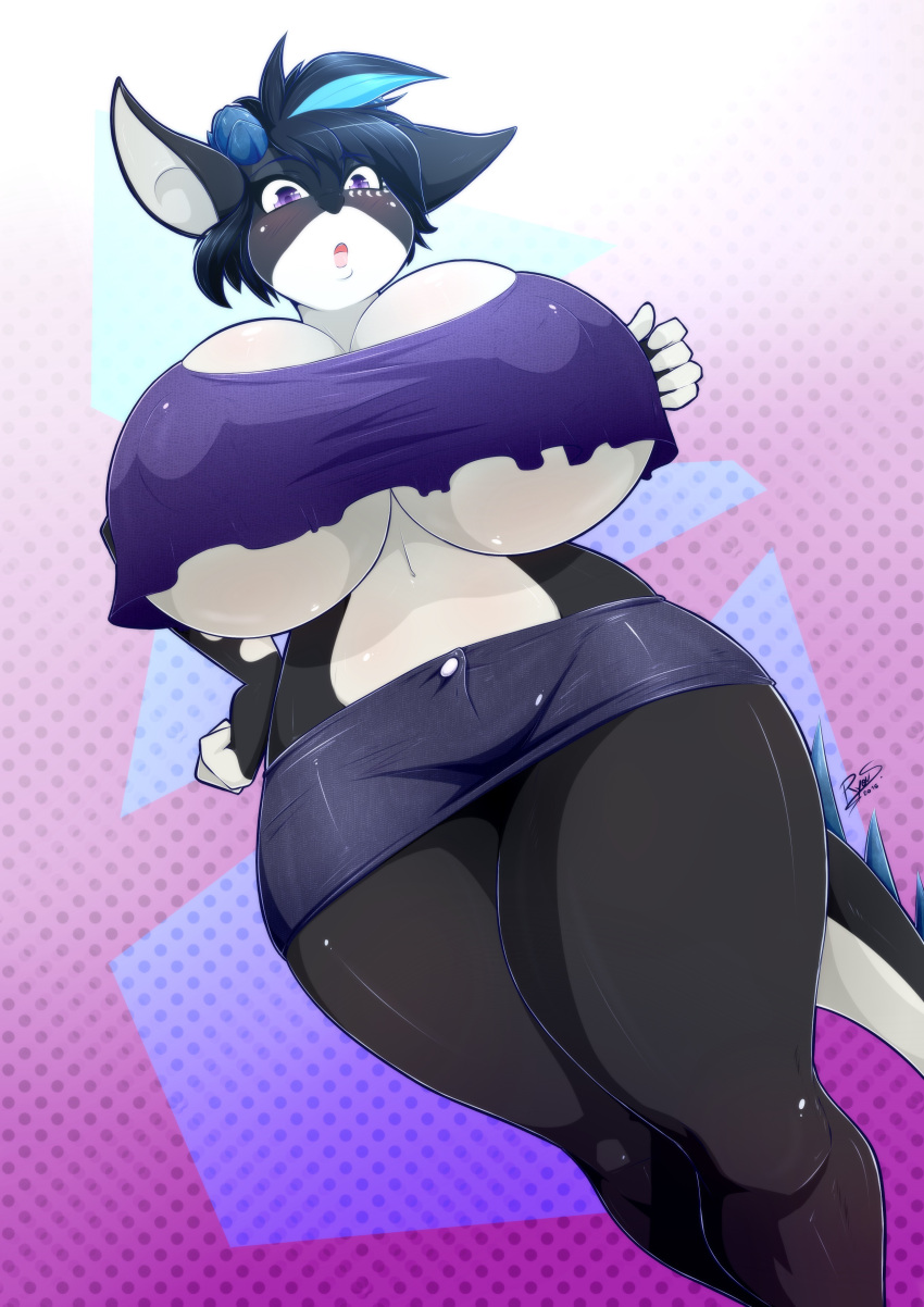 big_breasts blue_hair female long_ears purple_eyes ryousakai short_skirt tail thick_thighs underboob underboob_shirt whale wide_hips