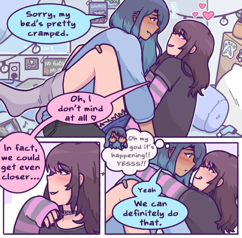 <3 2girls anarchism anarchist arch_linux asthma_inhaler bedroom black_hair blue_hair blush brown_hair comic dialogue ear_piercing emma_(welcome_to_heaven) english english_dialogue english_text female female_only heart imminent_kiss implied_asthma lesbian long_hair lying lying_on_bed medium_hair messy_room sasha_(welcome_to_heaven) speech_bubble text trans_woman transfem welcome_to_heaven yuri