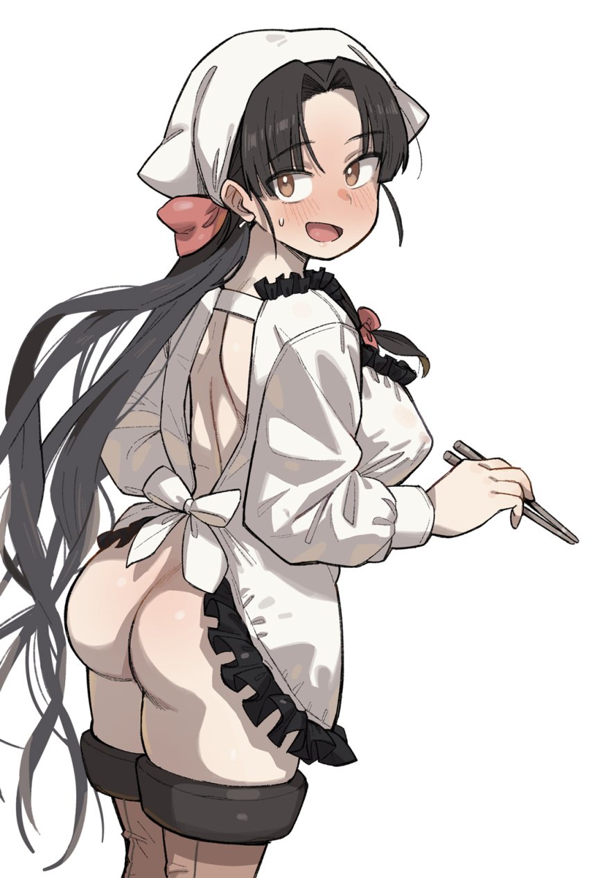 :d apron ass back black_hair blush bottomless breasts brown_eyes brown_thighhighs chopsticks covered_nipples female frills geso_smith highres kantai_collection long_hair looking_at_viewer looking_back naked_apron nopan open_mouth shouhou_(kantai_collection) simple_background smile solo sweatdrop thighhighs white_background white_headwear