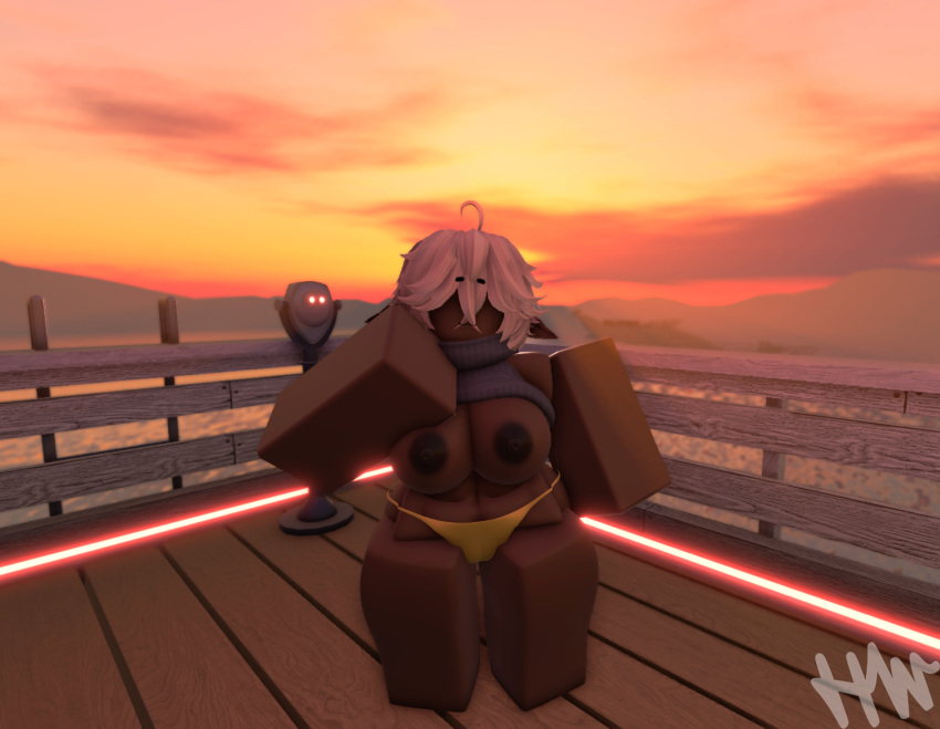 3d athletic_female beach blonde_hair breasts dark-skinned_female dark_elf elf elf_ears fit_female hexiewexie muscular_female roblox robloxian self_upload tagme tomboy