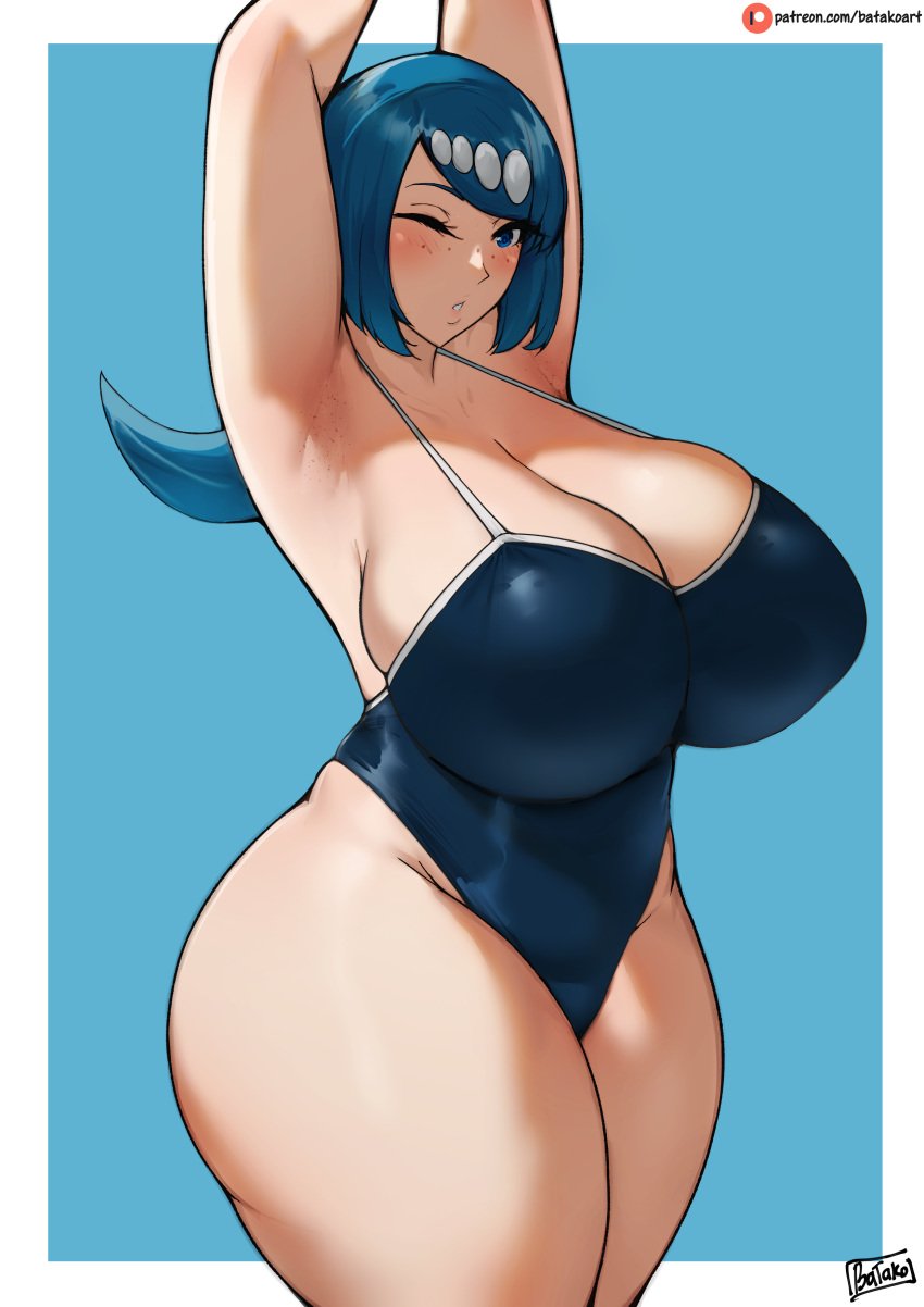 1girls armpits arms_up batako blue_eyes blue_hair breasts cleavage female game_freak hi_res highleg_swimsuit hips huge_breasts lana's_mother_(pokemon) light-skinned_female light_skin long_hair massive_breasts mature_female milf mother nintendo pokemon pokemon_sm solo swimsuit thick_thighs thighs wide_hips