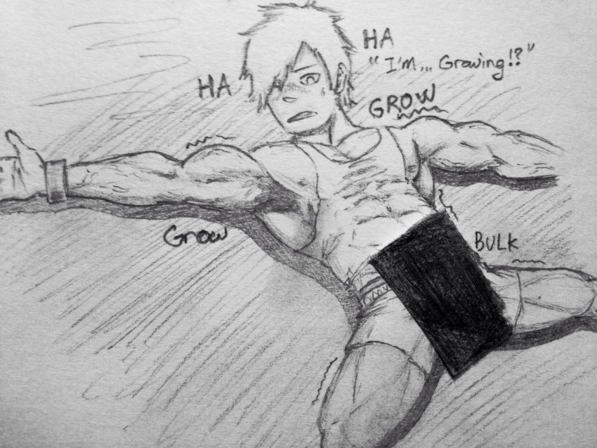 1boy abs biceps blush censor_bar censored deviantart forced growing growth hair_over_one_eye mist muscle muscle_growth muscles muscular muscular_male muscular_male_only pecs pencil_(artwork) scared shorts sweat sweaty sweaty_body tank_top tera114