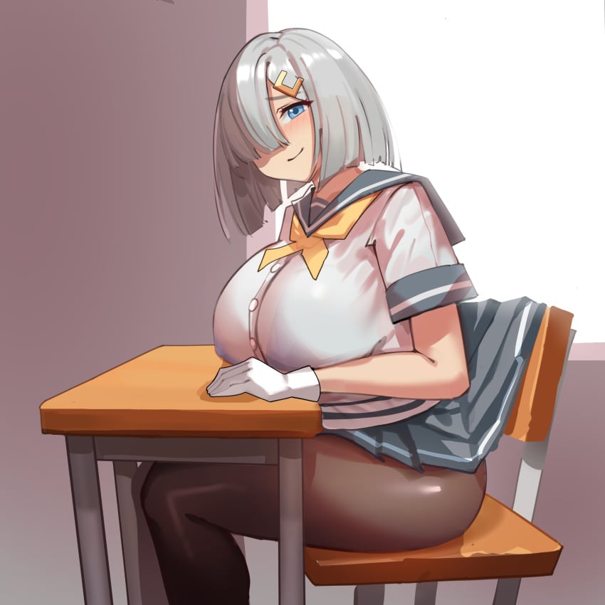 black_pantyhose blue_eyes breasts chair chair_embarrassment desk female gloves grey_hair grey_skirt hair_ornament hair_over_one_eye hairclip hamakaze_(kantai_collection) highres huge_breasts kantai_collection looking_at_viewer miniskirt neckerchief on_chair pantyhose pleated_skirt school_chair school_desk school_uniform serafuku short_hair short_sleeves simplecar sitting sitting_at_desk sitting_on_chair skirt skirt_caught_on_object smile solo thick_thighs thighs white_gloves yellow_neckerchief