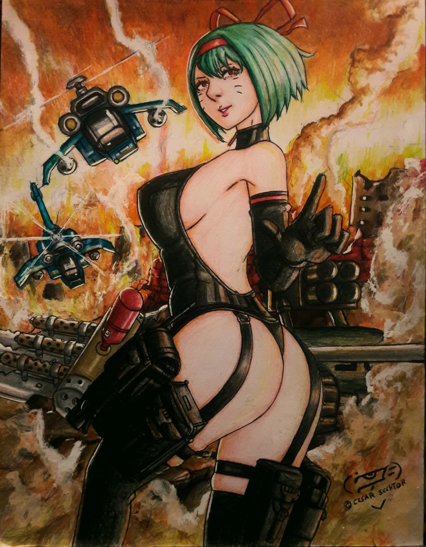 1girls 2020 amber_eyes aqua_hair ass_focus battle_background big_ass big_breasts big_butt black_suit bubble_ass bubble_butt cesar_secktor combat_boots drawing female female_focus female_only helicopter hi_res high_resolution highres large_ass large_breasts latex latex_gloves latex_suit looking_at_viewer looking_back matilda_(metal_slug) metal_slug metal_slug_attack ninja red_ribbon ribbon seductive short_hair sign snk thick_ass thick_thighs