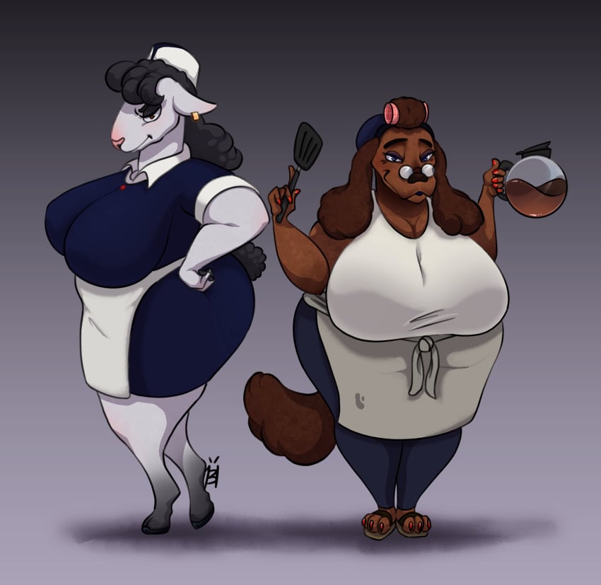 apron beware_the_shadowcatcher big_ass big_breasts canine coffee ear_ring glasses goat hair_accessory hooves life_swap maude_(bts) painted_claws painted_nails paper_hat role_reversal sam_(bts) spatula tail thick_thighs wide_hips zed_technician_games