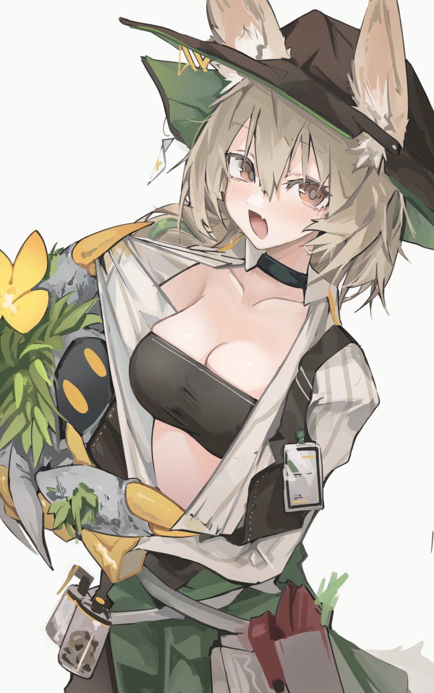 absurd_res alternate_breast_size animal animal_ears arknights bandeau bangs beanstalk_(arknights) black_bandeau black_choker black_headwear breasts choker cleavage clothes_pull collarbone cowboy_shot crab ears_through_headwear female green_skirt grey_background grey_eyes grey_shirt hair_between_eyes hat highres holding holding_animal hyena_ears hyena_girl id_card long_sleeves medium_breasts metal_crab_(arknights) midriff mikozin oerba_yun_fang open_clothes open_mouth open_shirt pulled_by_another shirt shirt_pull short_hair simple_background skin_fang skindentation skirt standing strapless tube_top