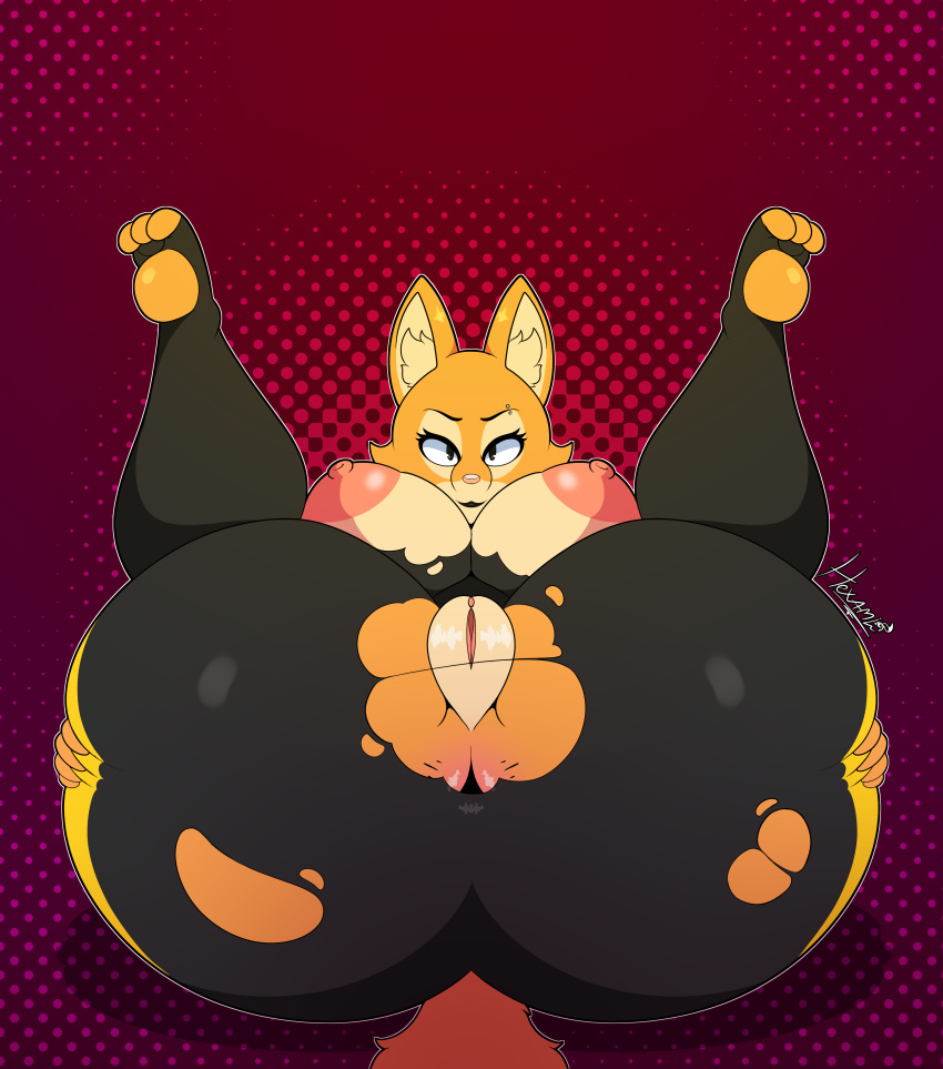 absurd_res anthro anus areola ass big_breasts big_butt black_eyes breasts canid canine clothing diane_foxington dreamworks exposed_breasts female fox genitals hand_on_butt hexami hi_res huge_butt inner_ear_fluff looking_at_viewer lying mammal nipples on_back orange_body piercing pink_areola pink_nipples pussy skinsuit solo the_bad_guys thick_thighs tight_clothing torn_clothing tuft