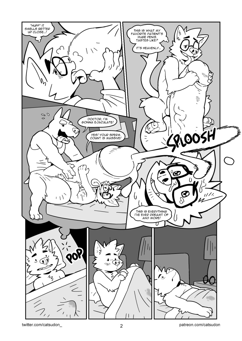 anthro ball_lick balls bed big_penis blush canid canine catsudon comic dialogue doctor dream duo ejaculation english_text erection eyewear furniture genitals glasses hi_res huge_cock hyper hyper_genitalia hyper_penis licking male male/male mammal monochrome muscular oral penile penis penis_lick sex sniffing text tongue tongue_out vein veiny_penis wet_dream