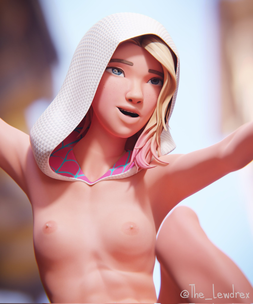 1girls 3d areolae blender blonde_hair blue_eyes breasts breasts_out close completely_nude completely_nude_female eyebrow_piercing female female_focus female_only freckles gwen_stacy hood hood_up lewdrex light-skinned_female light_skin marvel marvel_comics nipples nude nude_female shaved_side small_breasts solo spider-gwen spider-man:_into_the_spider-verse spider-man_(series) spread_legs swinging watermark web