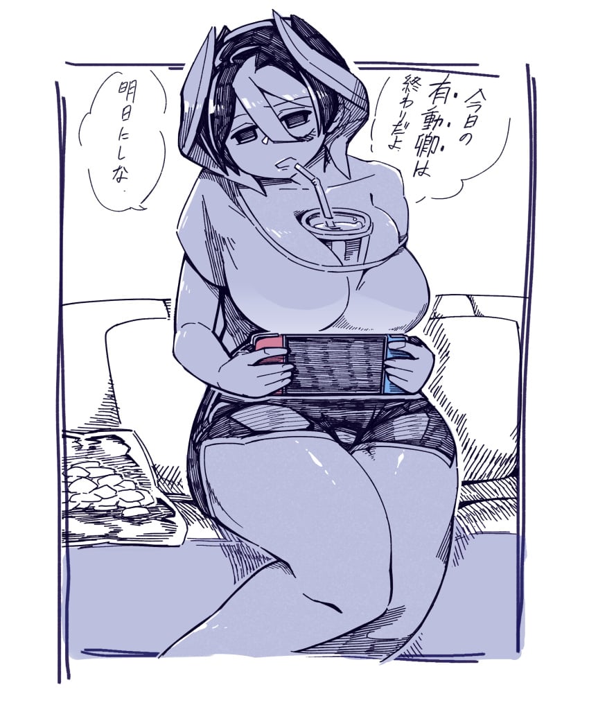 alternate_costume big_breasts bubble_tea_challenge cleavage female female_only gaming gym_shorts kingofbandit156 looking_at_viewer made_in_abyss monochrome nintendo_switch object_between_breasts off_shoulder ozen short_hair shorts sitting sofa thick_thighs two_tone_hair wide_hips