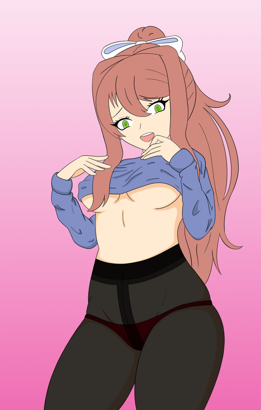 brokeandroid doki_doki_literature_club green_eyes long_hair monika_(doki_doki_literature_club) panties pantyhose pink_background pinup underboob