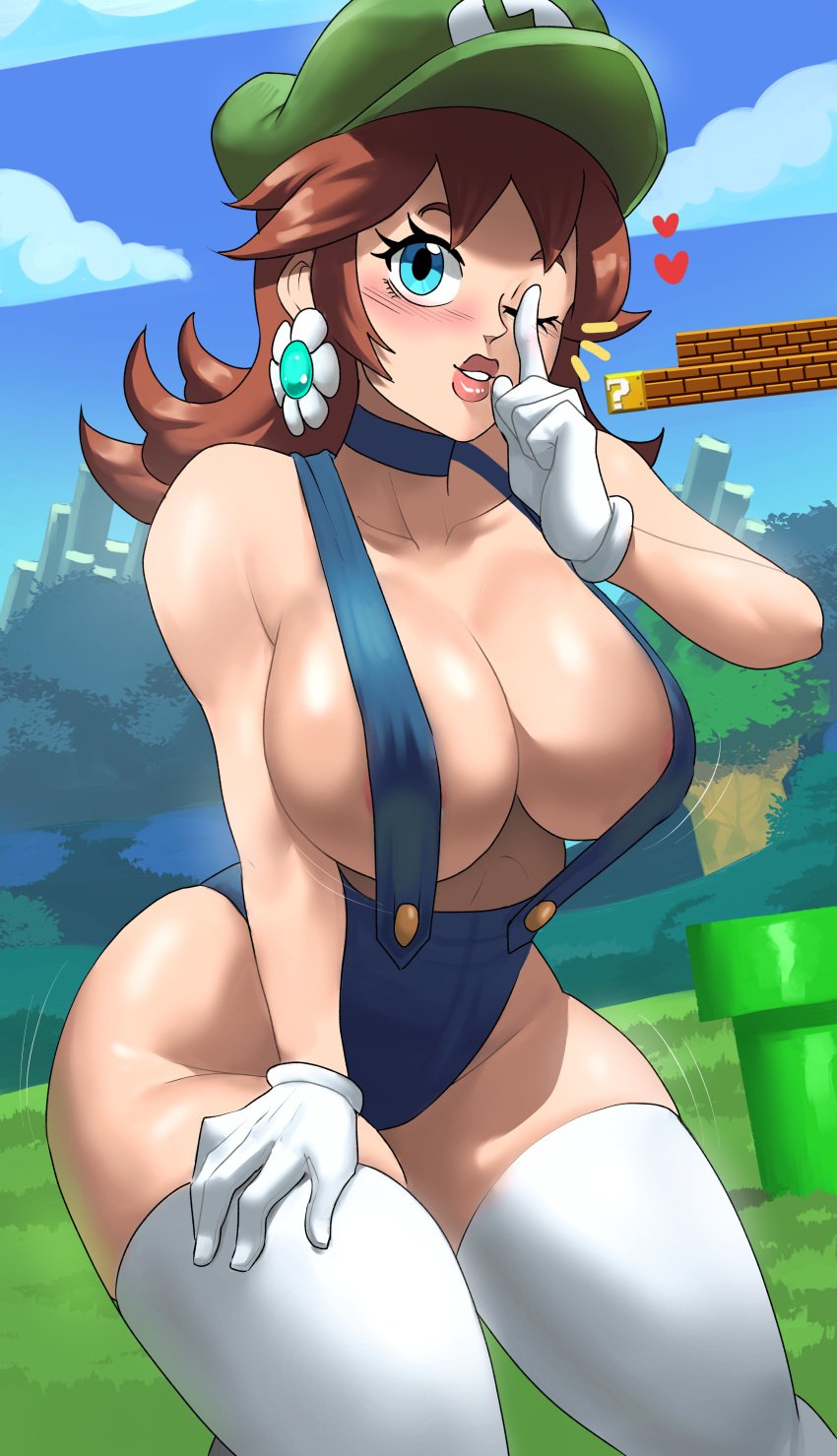 1girls ass breasts cleavage echosaber female hat hi_res hips huge_breasts large_ass light-skinned_female light_skin long_hair luigi_(cosplay) mario_(series) naked_overalls naughty_face nintendo orange_hair outdoors overalls overalls_only princess_daisy smile solo suggestive_look super_mario_bros. thick_lips thick_thighs thighhighs thighs wide_hips wink