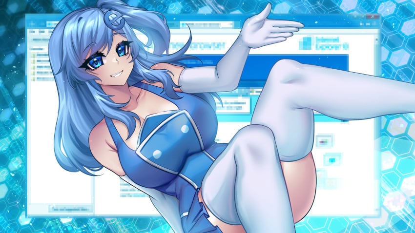 1girls big_breasts blue_eyes blue_hair elbow_gloves eyebrows_visible_through_hair female internet_explorer lewdweather smiling stockings tagme thick