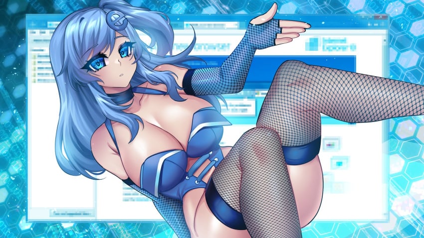 1girls big_breasts blue_eyes blue_hair eyebrows_visible_through_hair female fingerless_gloves fishnet_stockings fishnets internet_explorer lewdweather tagme thick