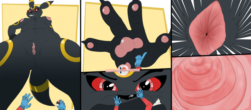 4_fingers 5_fingers ambiguous_gender anal anal_vore anthro anthrofied anus black_body black_eyes black_nose breasts comic digital_media_(artwork) dipstick_ears dudertron eeveelution female female/ambiguous fingers first_person_view generation_2_pokemon genitals grin internal looking_at_viewer mammal markings multicolored_ears navel nintendo nipples pawpads pokemon pokemon_(species) pokemorph pussy red_eyes red_sclera smile tuft umbreon video_games vore yellow_markings