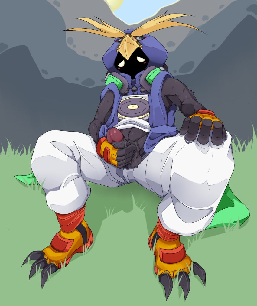 3_toes 5_fingers anthro aviert balls bandai_namco belly bird_costume black_body black_fur blush clothed clothing clothing_lift digimon digimon_(species) digital_media_(artwork) feet fingers fur genitals grass half-closed_eyes headphones headphones_around_neck hi_res hoodie humanoid male masturbation mountain narrowed_eyes open_toe_shoes penis plant pubes shirt shirt_lift solo solo_focus tempomon toes topwear white_eyes