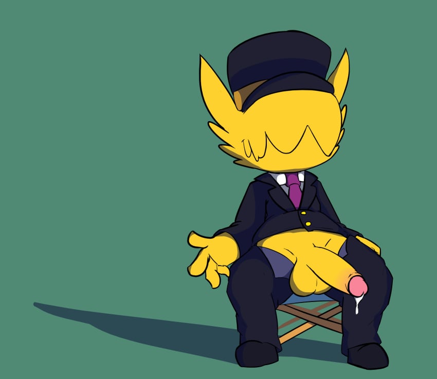 a_hat_in_time anthro avian bodily_fluids chair clothing conductor cum cum_drip dripping eyeless furniture genital_fluids genitals hat headgear headwear hi_res male male_only penis presenting presenting_penis rabblet sitting solo the_conductor yellow_body