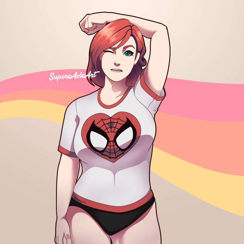 1girls 2d breasts cowboy_shot female_only fortnite lesbian_pride_colors marvel mary_jane_watson mary_jane_watson_(fortnite) pride pride_color_flag pride_colors pride_flag red_hair solo solo_female superaxlart thighs wink