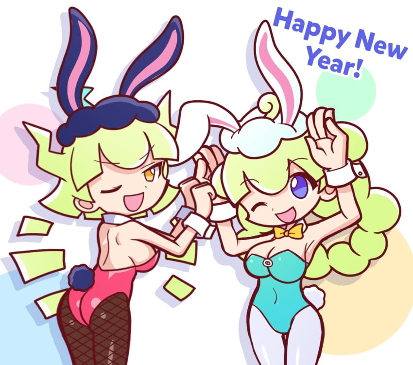 2girls accurate_art_style ass big_ass big_breasts blonde_hair blue_eyes breasts bunny_ears bunnysuit furii_(artist) lunar_new_year marle_(puyo_puyo) multiple_girls new_year puyo_puyo puyo_puyo_artstyle thighs year_of_the_rabbit yellow_eyes