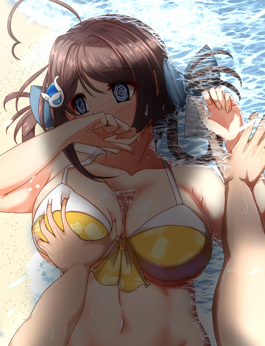 1boy @_@ absurdres ahoge beach bikini blue_eyes blush braid breast_grab breasts brown_hair chougei_(kantai_collection) female grabbing hair_ornament hair_rings hairclip highres kantai_collection large_breasts long_hair looking_to_the_side lying navel official_alternate_costume on_back shigatsu_(soratobuusagi) straight swimsuit twin_braids whale_hair_ornament yellow_bikini